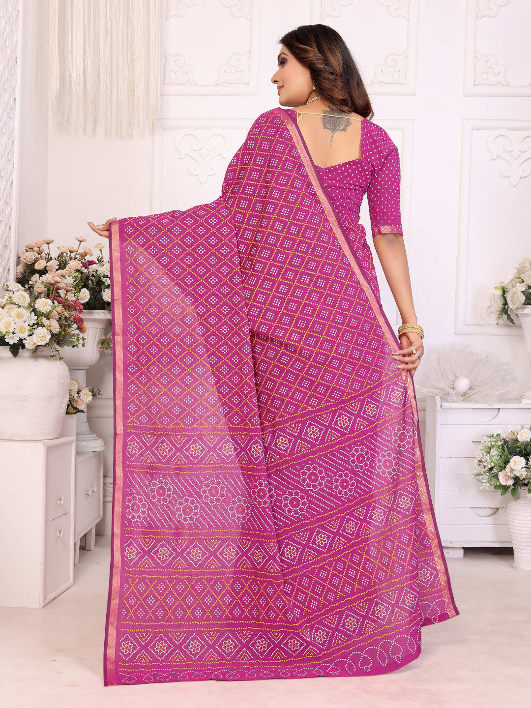 Pink Bandhej Printed Soft Cotton Saree With Zari Border | Traditional Festive Ethnic Wear – JaipurSaaj