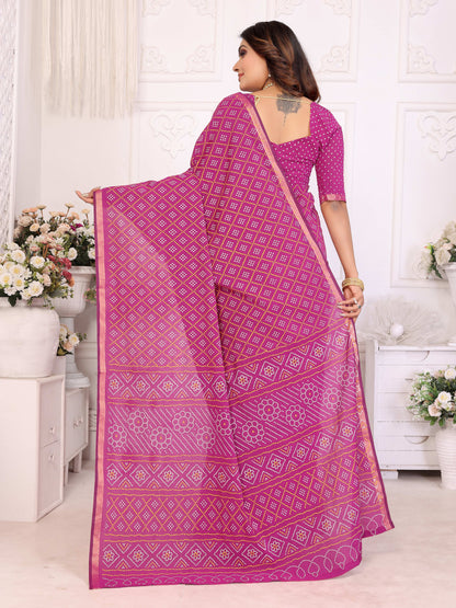 Pink Bandhej Printed Soft Cotton Saree With Zari Border | Traditional Festive Ethnic Wear – JaipurSaaj