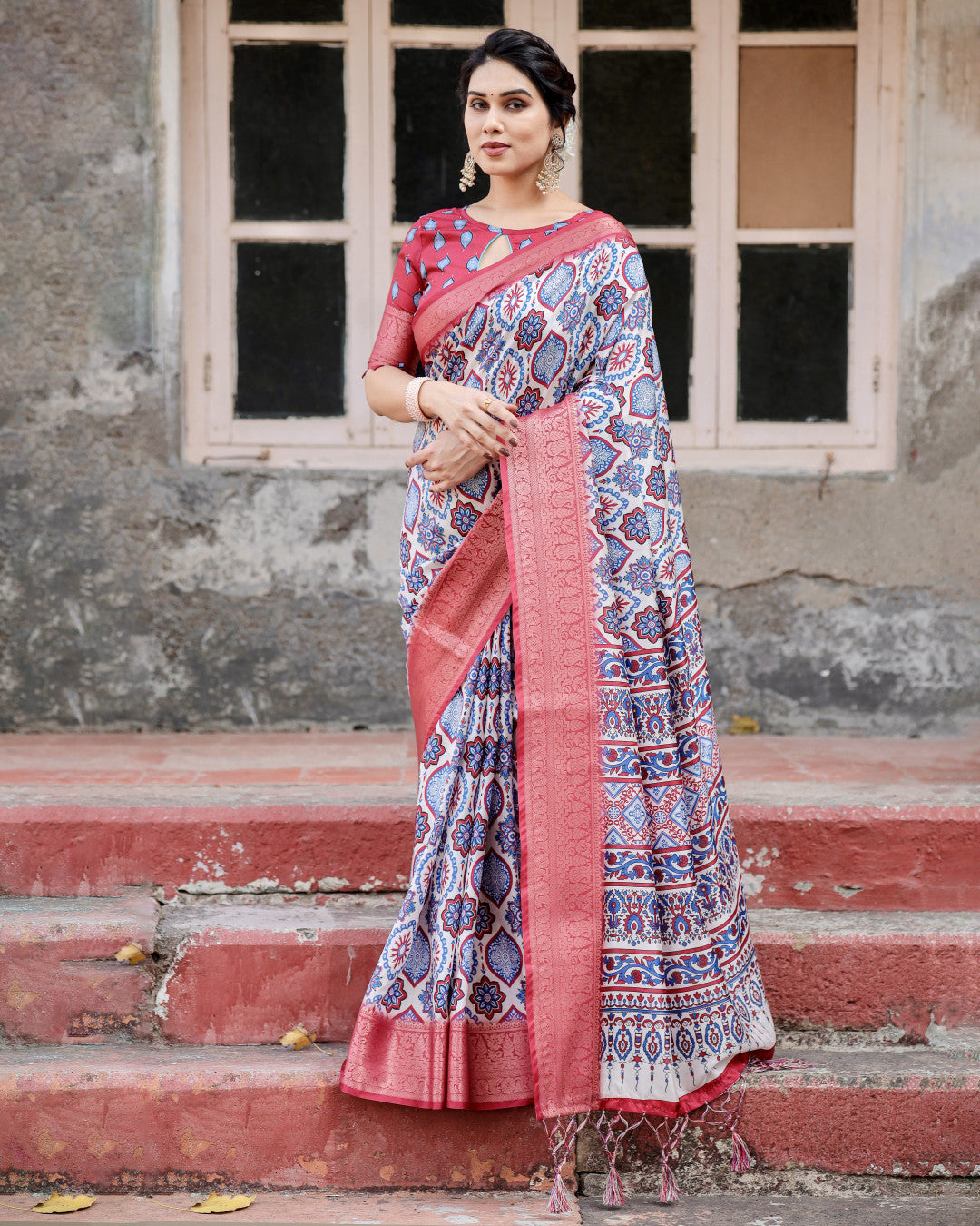 Multi Color Digital Printed Tussar Silk Saree With Zari Motif Border | Traditional Festive Ethnic Wear – JaipurSaaj