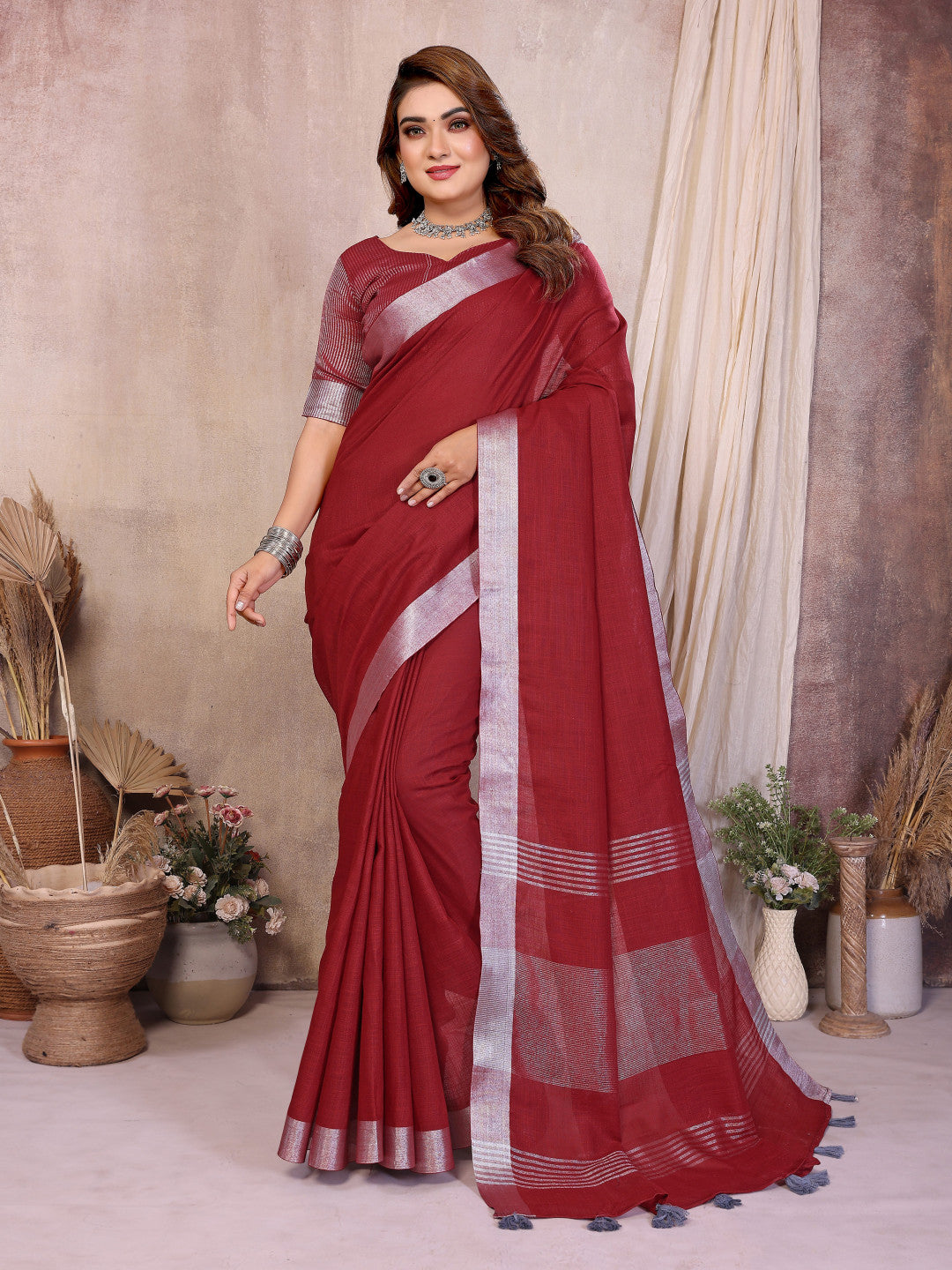 Red Linen Cotton Saree With Silver Zari Border