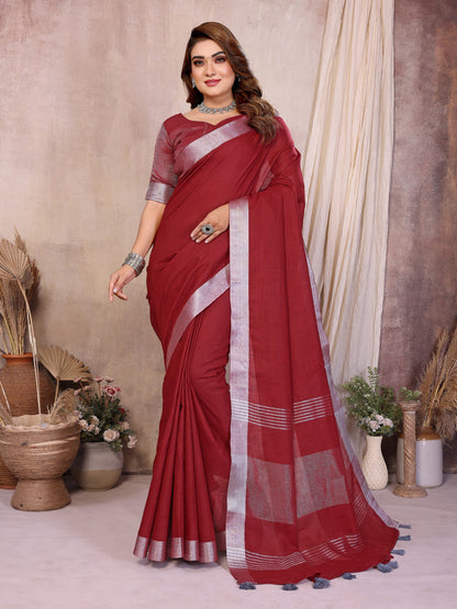 Red Linen Cotton Saree With Silver Zari Border