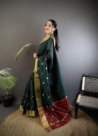 Dark Green Soft Cotton Silk Saree With Zari Weaving Work | Lightweight Ethnic Wear – JaipurSaaj