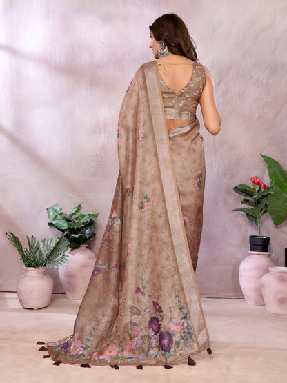 Beige Linen Cotton Saree With Digital Printed Work And Silver Zari Border