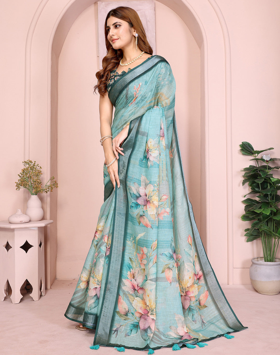 Multi Linen Cotton Saree With Digital Printed Work And Silver Zari Border