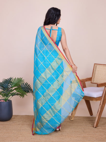 Sky Blue Kota Doriya Saree With Zari Weaving Work