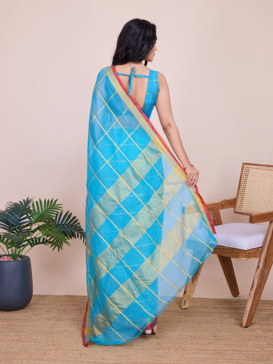 Sky Blue Kota Doriya Saree With Zari Weaving Work