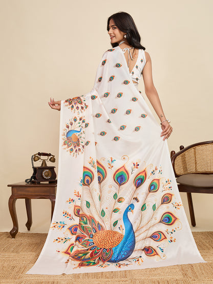White Soft Chinnon Silk Saree With Digital Printed Work