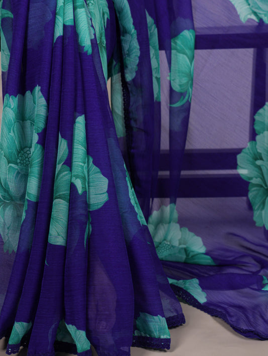 Blue Soft Chiffon Saree With Printed Work And Lace Border