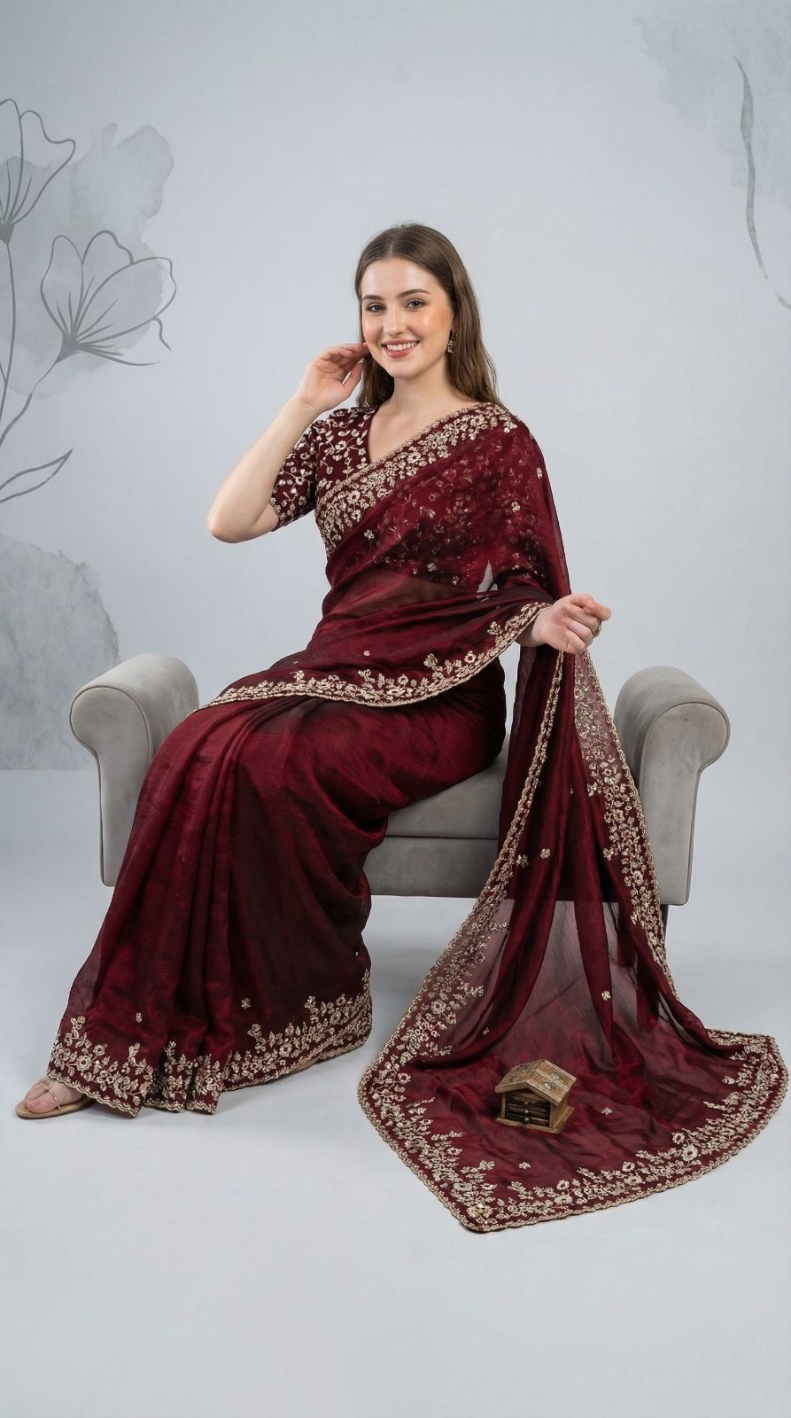 Maroon Fandy Chiffon Silk Saree With Sequin Work & Cut Work Border | Party & Reception Wear – JaipurSaaj