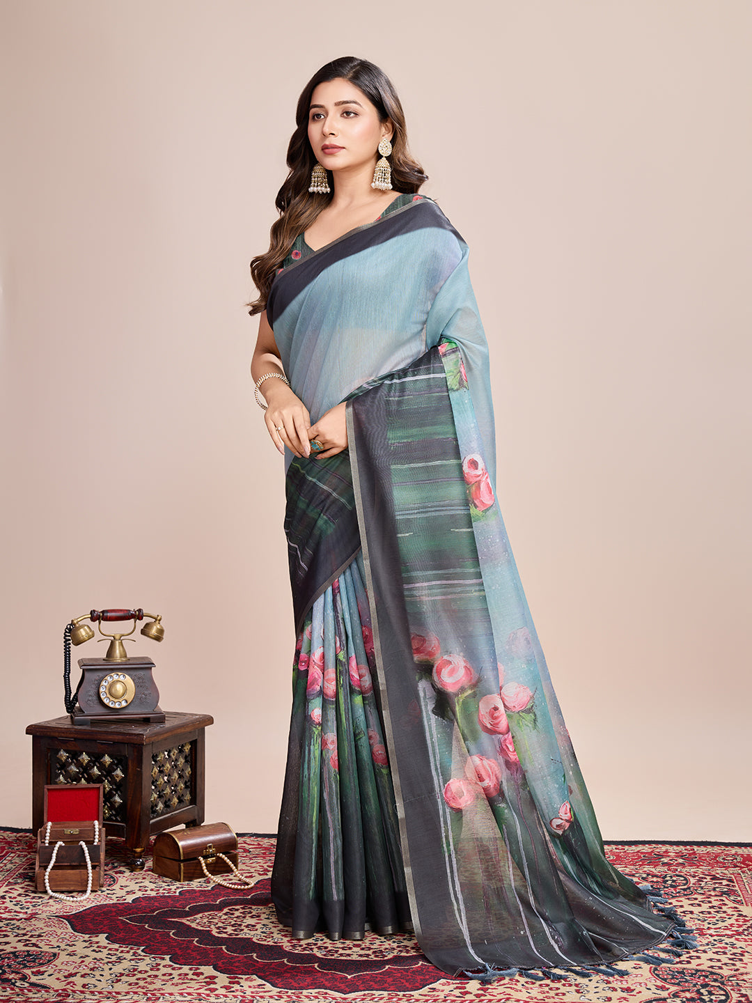Gray Soft Linen Cotton Saree With Floral Printed Work | Lightweight Traditional Ethnic Wear – JaipurSaaj