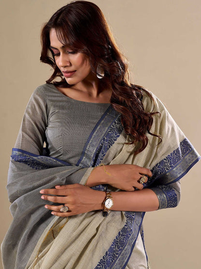 Gray Linen Cotton Saree With Weaving Work