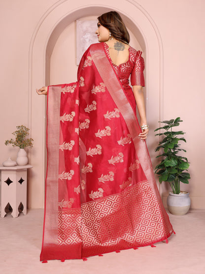 Red Organza Silk Banarasi Saree With Zari Weaving Work | Wedding & Festive Wear – JaipurSaaj
