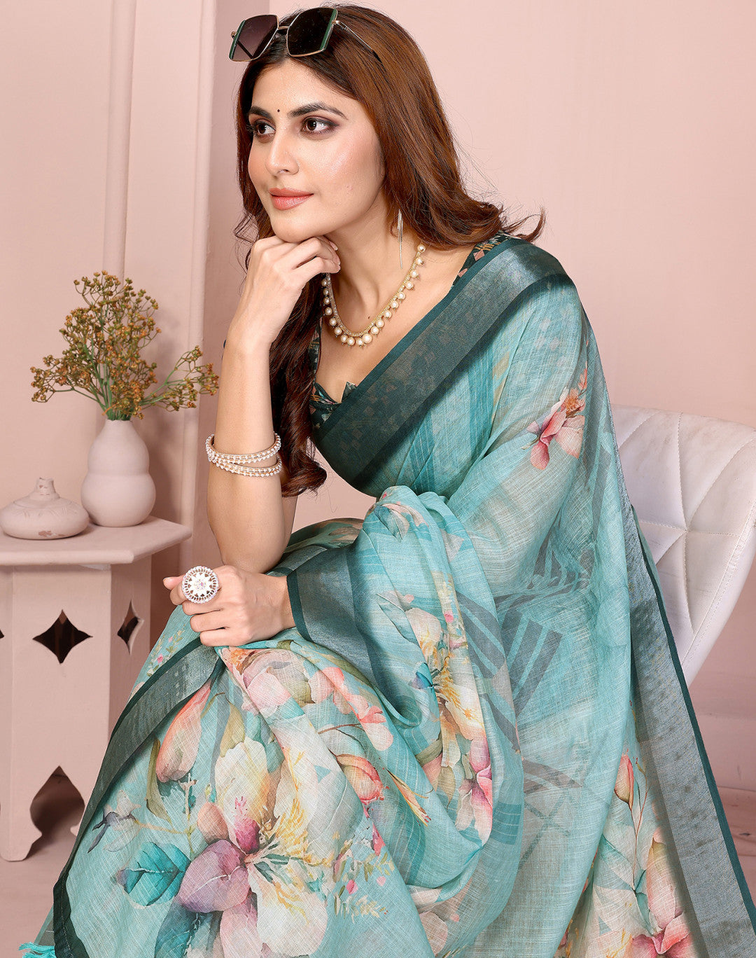 Multi Linen Cotton Saree With Digital Printed Work And Silver Zari Border