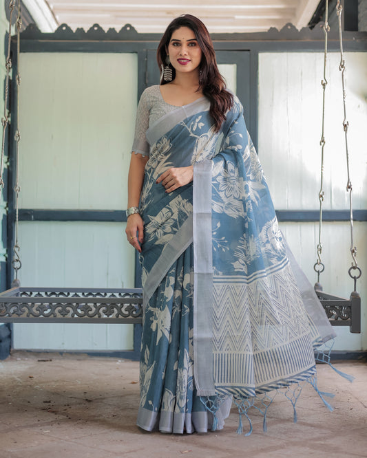 Light Blue Summer Special Digital Printed Linen Cotton Saree