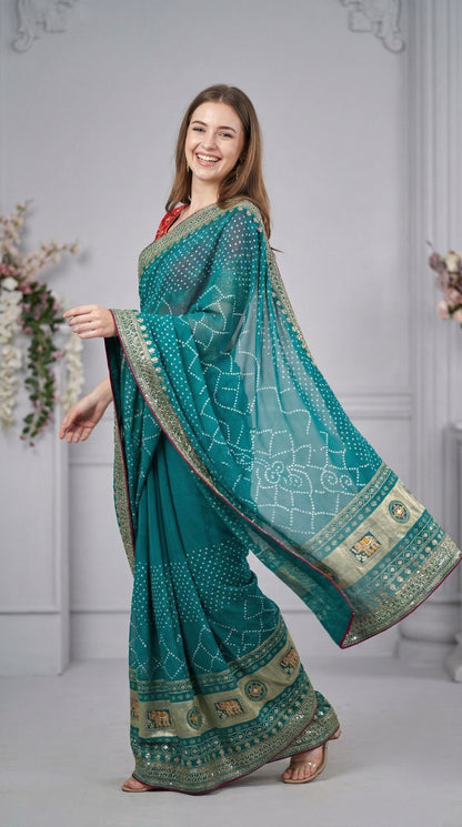Firoji Vichitra Silk Saree With Khadi Bandhej Heavy Pallu & Zari Border | Wedding & Festive Wear – JaipurSaaj
