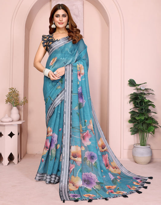 Blue Linen Cotton Saree With Digital Printed Work And Silver Zari Border