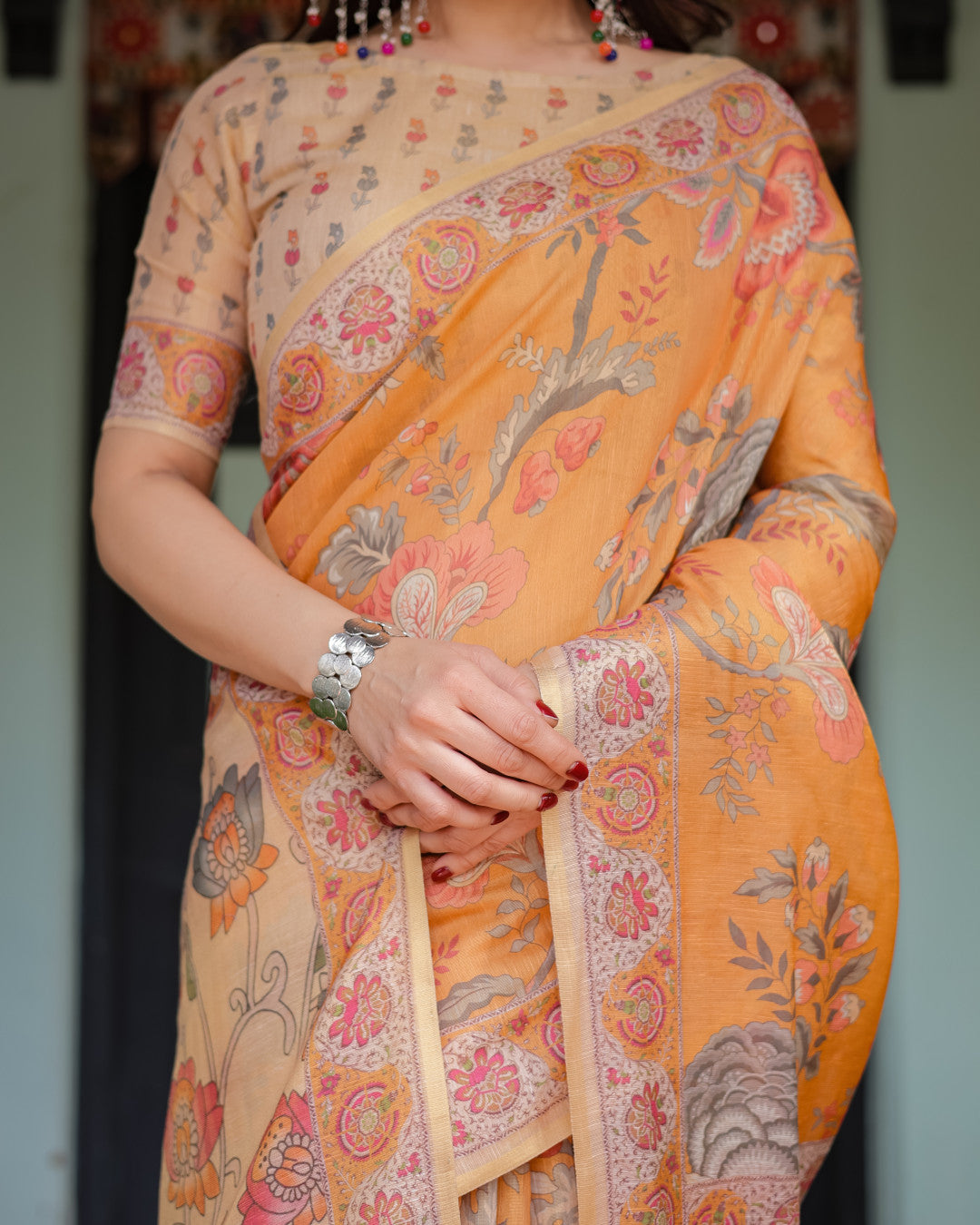 Orange Soft Linen Cotton Saree with Kalamkari Printed Work | Summer Casual & Ethnic Wear – JaipurSaaj