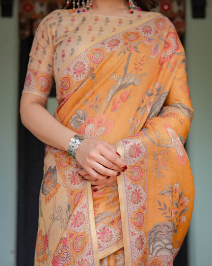 Orange Soft Linen Cotton Saree with Kalamkari Printed Work | Summer Casual & Ethnic Wear – JaipurSaaj