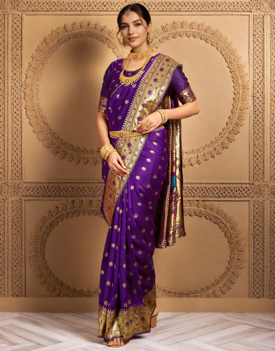 Traditional Purple Paithani Silk Saree With Zari Weaving Work