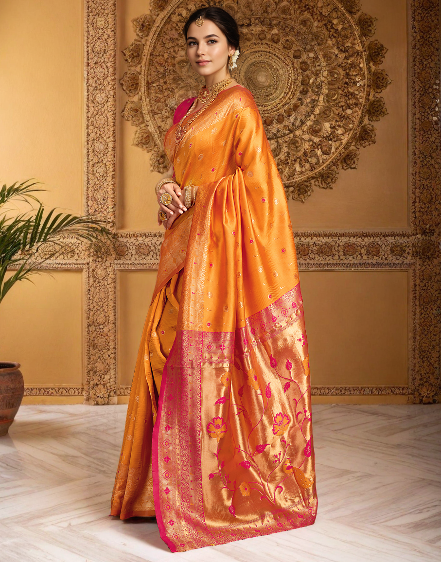 Traditional Orange Paithani Silk Saree With Zari Weaving Work