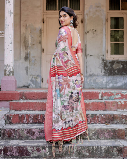 Multi Color Tussar Silk Saree With Digital Kalamkari Print & Zari Motif Border | Casual & Festive Wear – JaipurSaaj