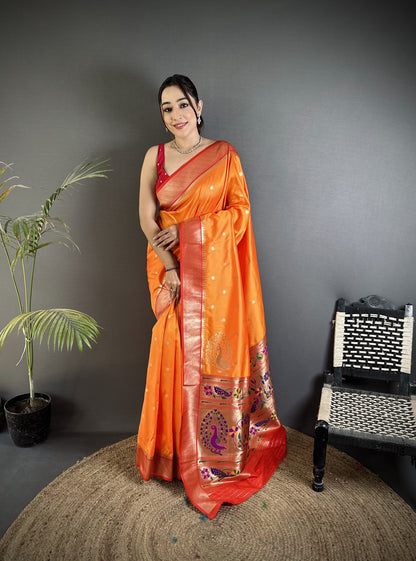 Orange Paithani Lichi Silk Saree With Zari Weaving Work | Festive & Wedding Wear – JaipurSaaj