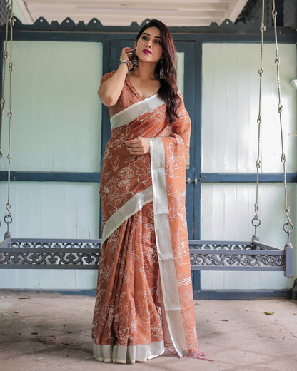 Coffee Digital Printed Linen Cotton Saree | Summer Special Office & Casual Wear – JaipurSaaj
