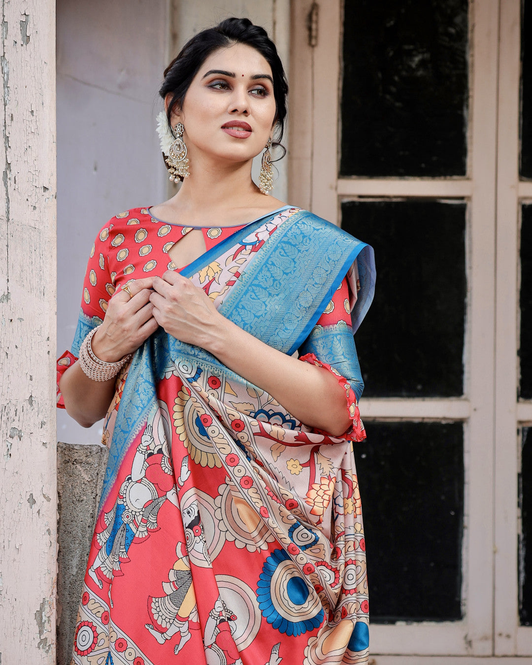 Multi Kalamakari Floral Printed Tussar Silk Saree With Zari Motif Border | Festive Ethnic Wear – JaipurSaaj