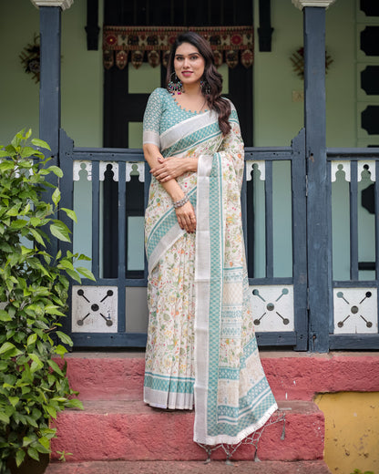 Off White Summer Special Digital Printed Linen Cotton Saree