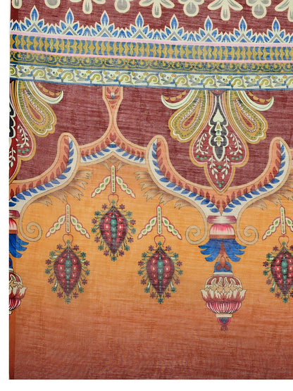 Yellow Linen Cotton Saree With Digital Printed Work And Silver Zari Border