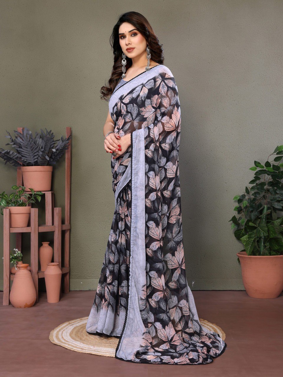 Gray Soft Chiffon Saree With Printed Work And Lace Border