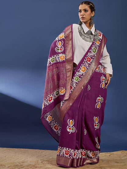 Magenta Soft Pure Cotton Silk Saree With Hand Batik Print Work | Casual & Ethnic Wear – JaipurSaaj