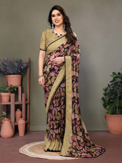 Beige Soft Chiffon Saree With Printed Work And Lace Border