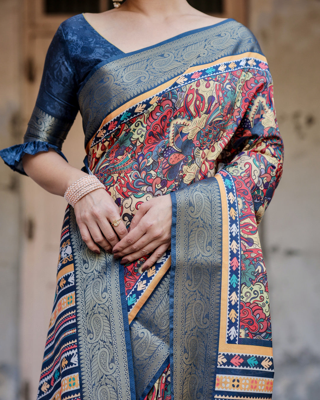 Mult Color Tussar Silk Saree With Digital Kalamkari Print & Zari Motif Border | Casual & Festive Wear – JaipurSaaj
