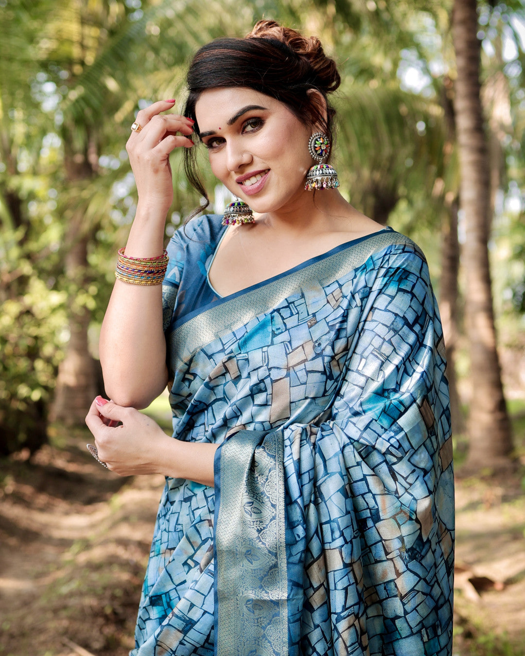 Rama Green Digital Printed Tussar Silk Saree With Zari Motif Border | Traditional Casual & Festive Wear – JaipurSaaj
