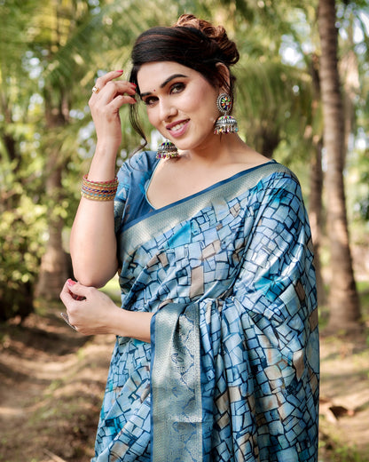 Rama Green Digital Printed Tussar Silk Saree With Zari Motif Border | Traditional Casual & Festive Wear – JaipurSaaj