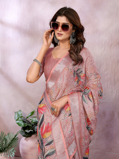 Peach Linen Cotton Saree With Digital Printed Work And Silver Zari Border