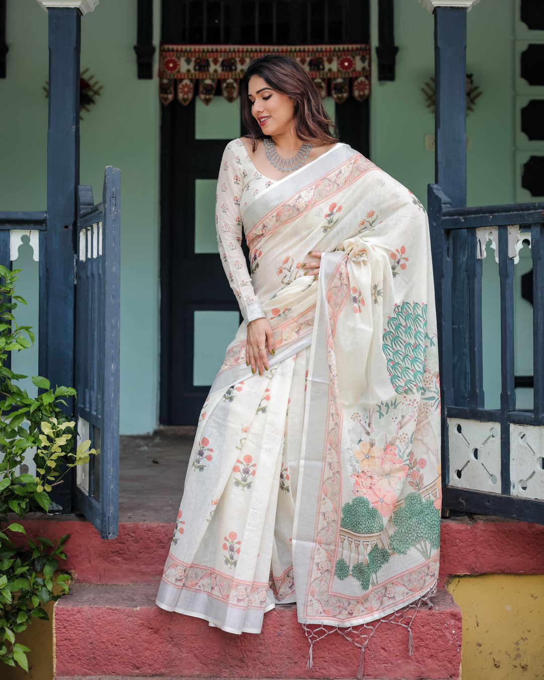 Off White Summer Special Digital Printed Linen Cotton Saree