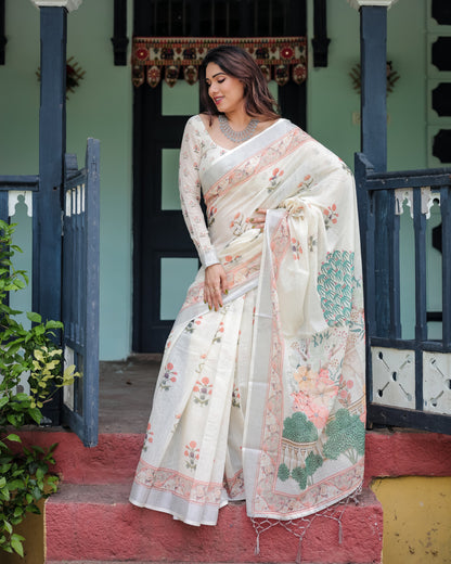 Off White Summer Special Digital Printed Linen Cotton Saree