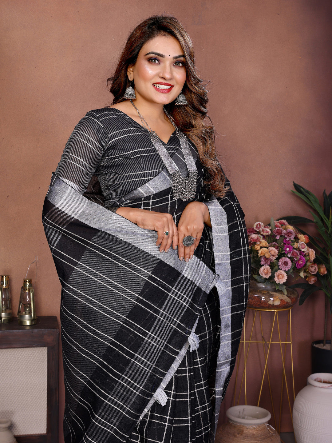 Black Linen Cotton Saree With Silver Zari Border