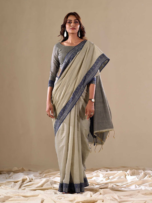 Gray Linen Cotton Saree With Weaving Work