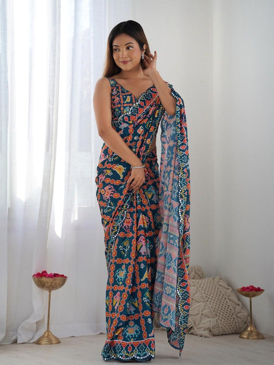 Navy Blue Georgette Saree With Printed And Mirror Work With Arco Border