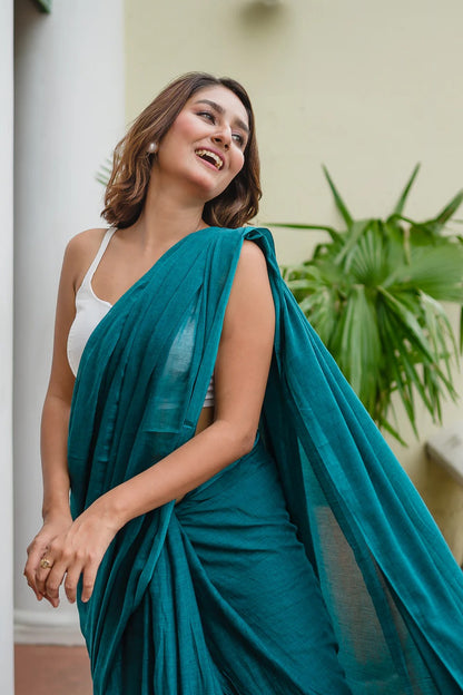 Teal Blue Plain Khadi Cotton Saree With Fancy Tassel Work | Handloom Office Wear – JaipurSaaj