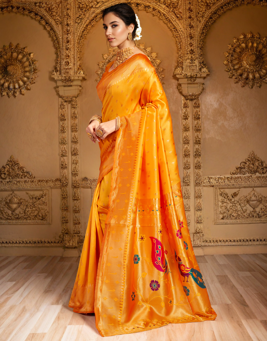 Traditional Orange Paithani Silk Saree With Zari Weaving Work