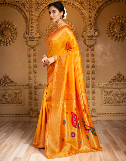 Traditional Orange Paithani Silk Saree With Zari Weaving Work