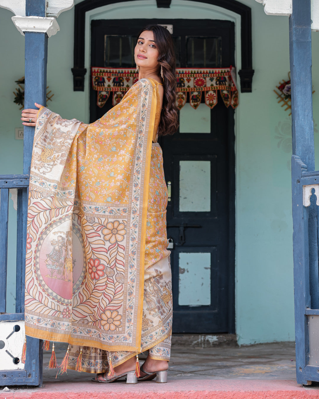 Mustard Yellow Kalamkari Digital Printed Linen Cotton Saree | Summer Casual & Ethnic Wear – JaipurSaaj