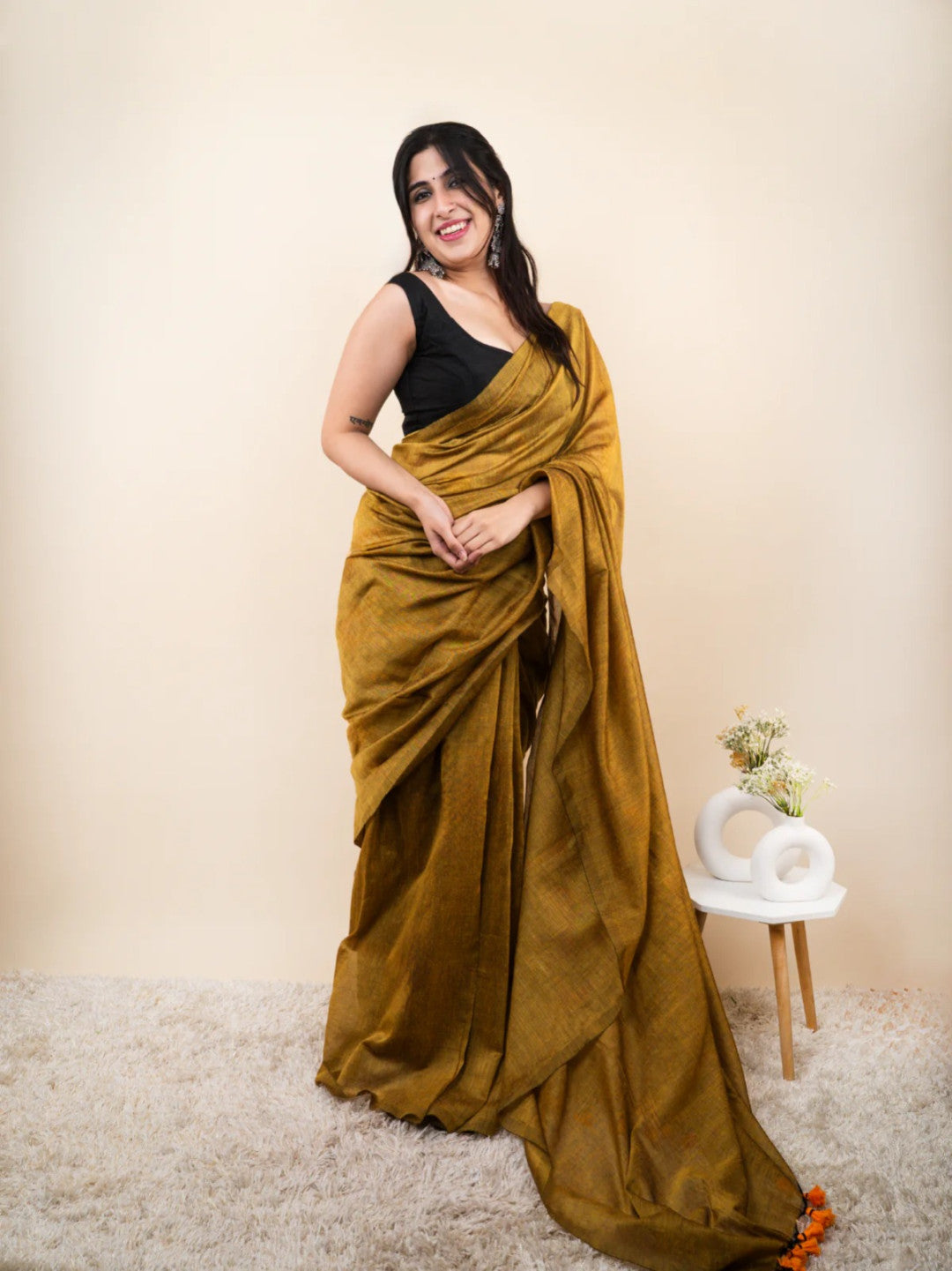 Mustard Yellow Plain Khadi Cotton Saree With Fancy Tassel Work | Handloom Office Wear – JaipurSaaj