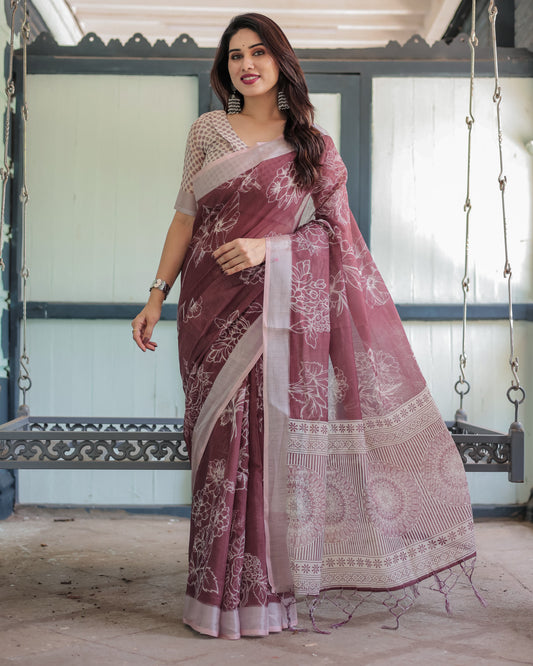Maroon Summer Special Digital Printed Linen Cotton Saree