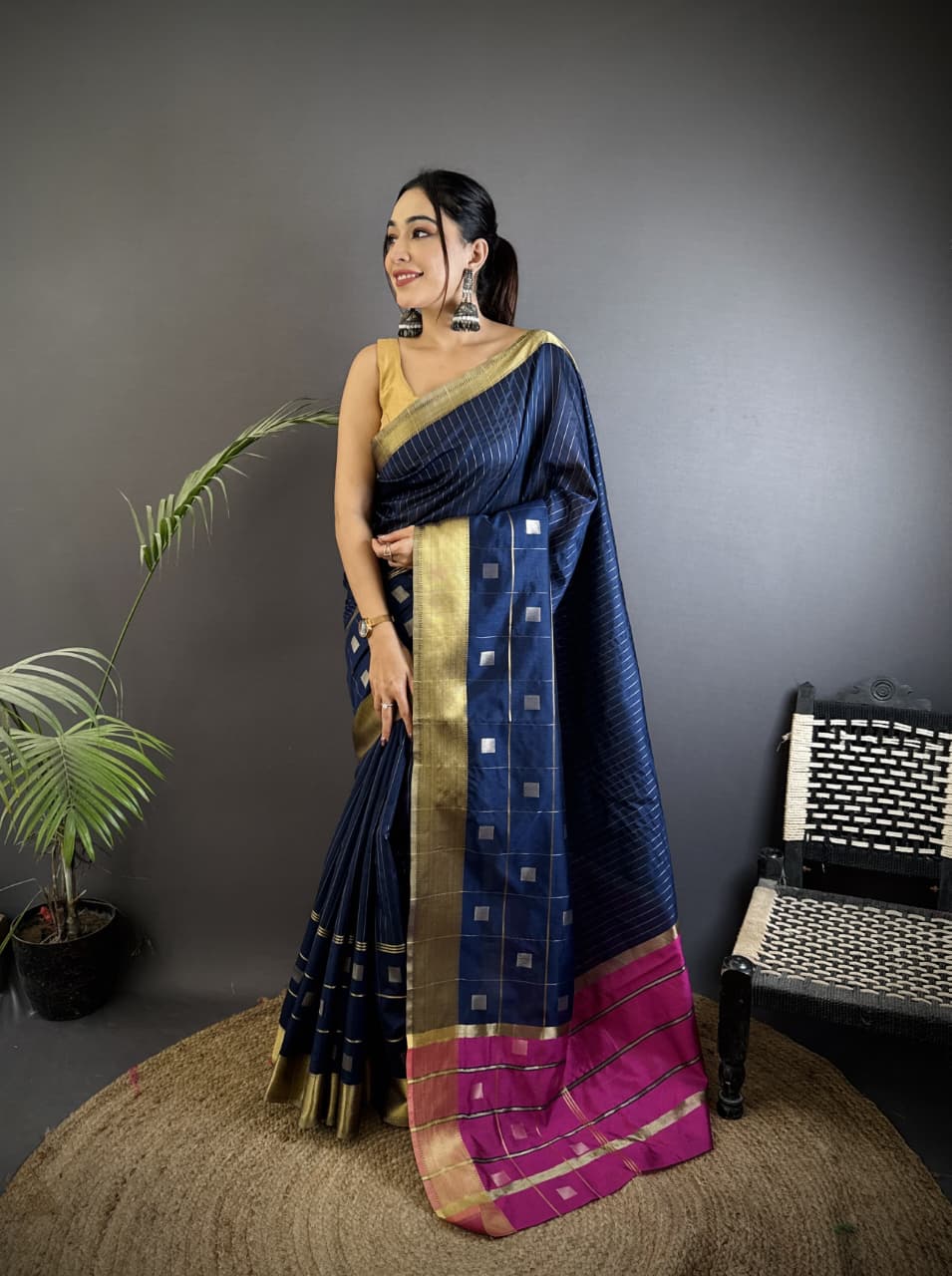 Navy Blue Soft Cotton Silk Saree With Zari Weaving Work