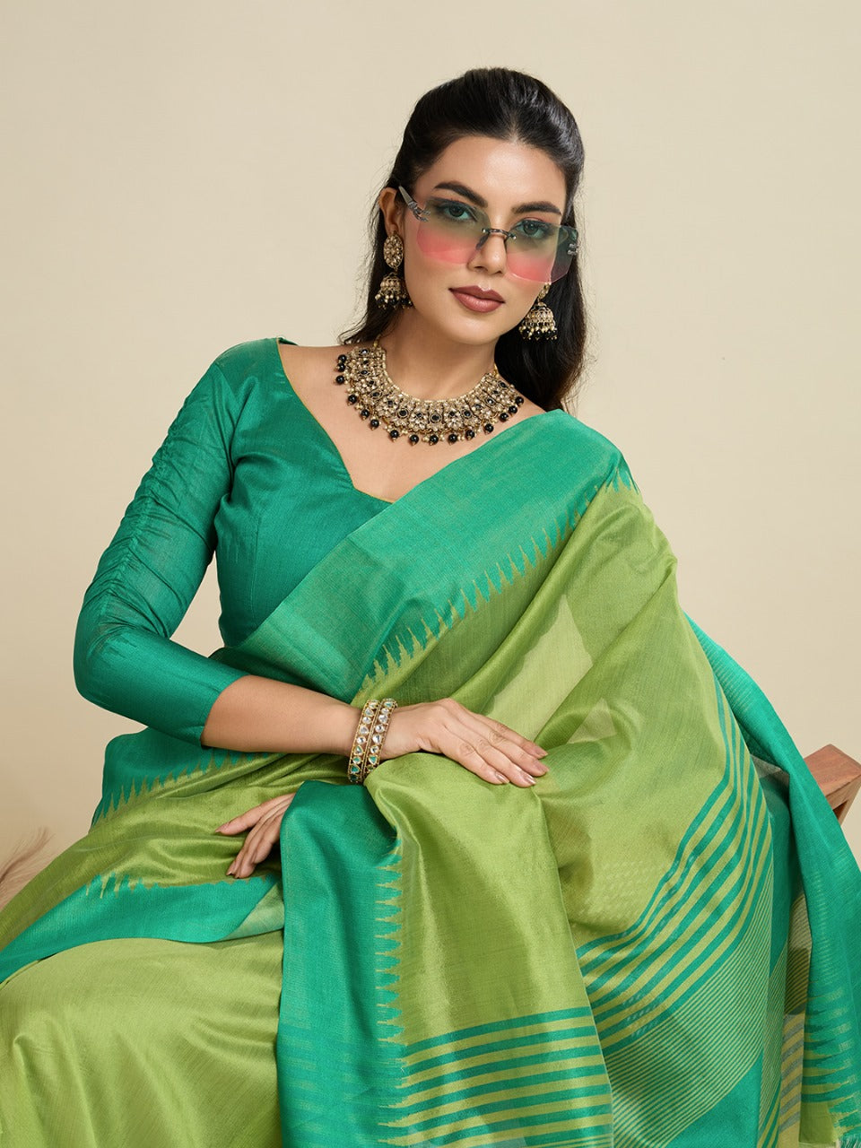 Parrot Green Color Khadi Raw Silk Saree With Zari Lining Pallu With Tample Border